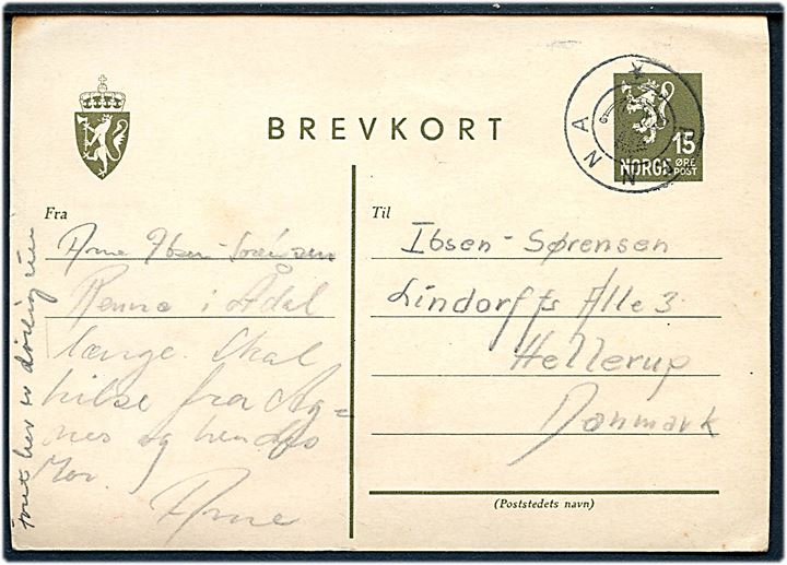 15 øre Løve helsagsbrevkort annulleret med brev kronet Posthorn brevhusstempel RENNA til Hellerup, Danmark.