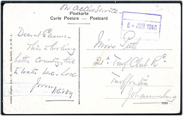 Ufrankeret feltpostkort (Omaruru River, Deutsch-Süd-West-Afrika) fra sydafrikansk besat tysk Sydvestafrika med stumt feltpoststempel (Nr. ulæseligt) d. 2.6.1915 til Johannesburg. 2-sproget censurstempel.