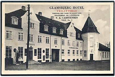 Glamsbjerg Hotel. V. A. Carstensen med reklame for Friluftsbadet. Stenders no. 70956.