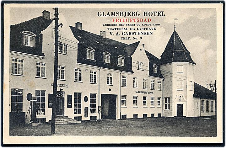 Glamsbjerg Hotel. V. A. Carstensen med reklame for Friluftsbadet. Stenders no. 70956.