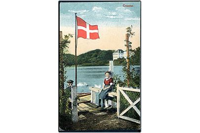 Graasten, Patriotisk kort med Dannebrog og slottet i baggrunden. C.C. Biehl no. 3512.
