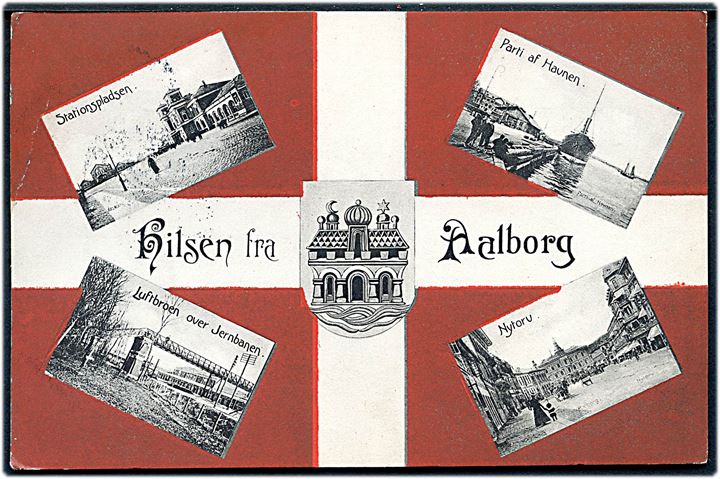 Aalborg, “Hilsen fra” med Dannebrog og prospekter. Stenders no. 8145. Sendt til Singapore 1907. Kvalitet 8
