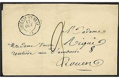 1856. Ufrankeret portobrev stemplet Cournay-en-Bray d. 17.10.1856 til Rouen.