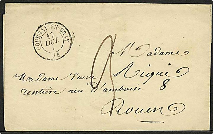 1856. Ufrankeret portobrev stemplet Cournay-en-Bray d. 17.10.1856 til Rouen.