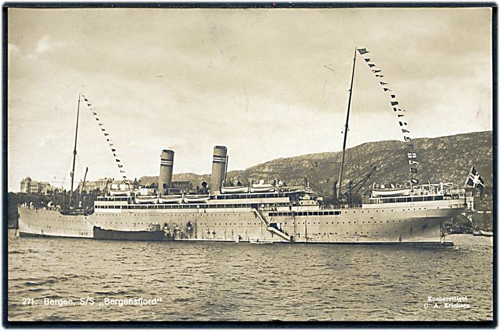Norge. “Bergensfjord”, S/S, Norsk Amerika Linie ved Bergen. C. A. Erichsen no. 271. Kvalitet 8
