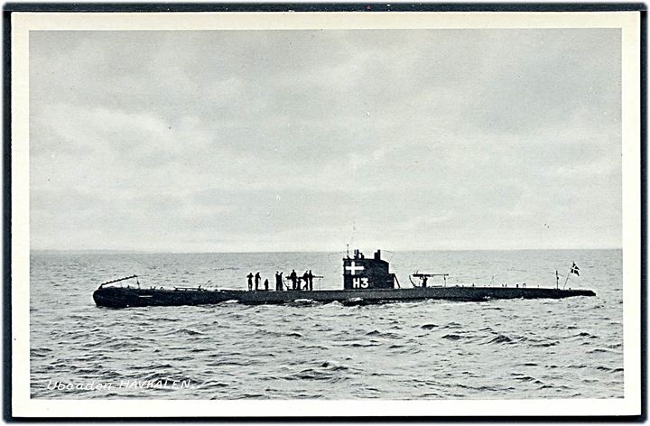Dansk marine. V. T. & A. Serie U no. 169. “Havkalen”, undervandsbåd H3 i neutralitetsbemaling. Kvalitet 8