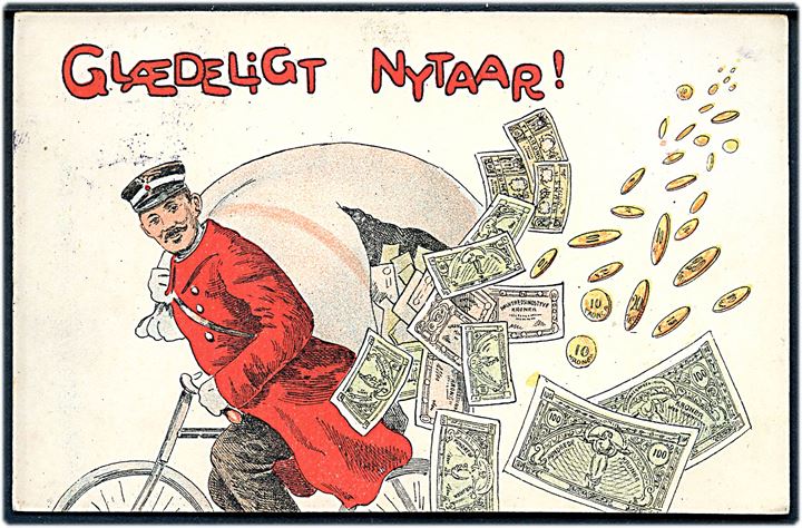 A. Vincent serie 226/6. Cyklende postbud med pengesæk. “Glædeligt Nytaar!”. Kvalitet 8