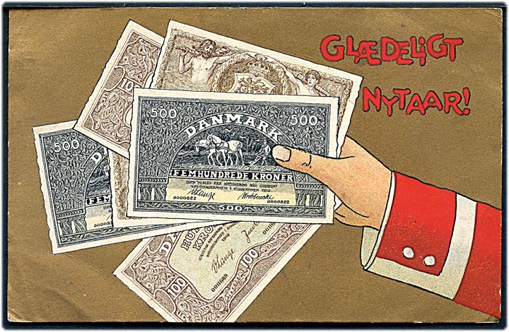 A. Vincent serie 305/1. Postbud med pengesedler. “Glædeligt Nytaar!”. Kvalitet 7