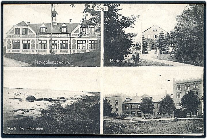 Bogø, partier m. navigationsskolen, badehotel Søvang, realskolen og stranden. H. Schmidt u/no. Kvalitet 8