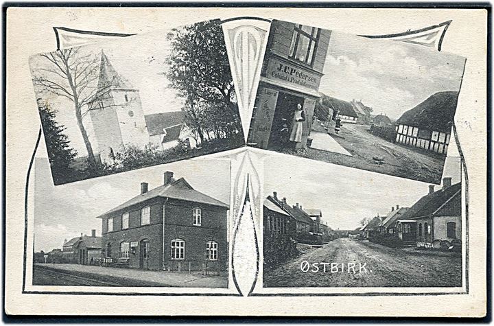 Østbirk, partier med bl.a. jernbanestation og kirke. R. Jensen no. 4571. Kvalitet 7