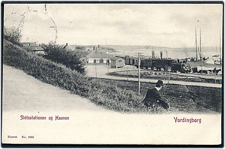 Vordingborg, slotsstationen med damptog og havnen. No. 1956. Kvalitet 8