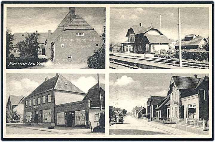 Vester Sottrup, partier med jernbanestation og forretninger. P. Andersen no. 7982-84-87-88. Kvalitet 10