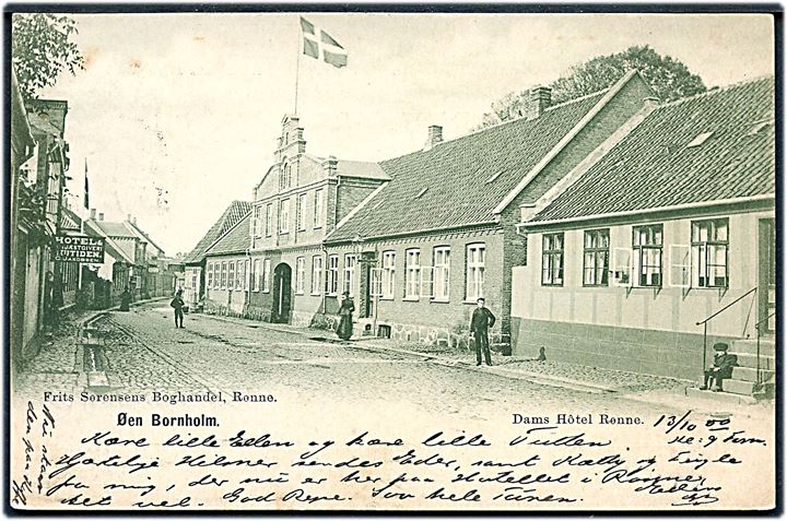 Rønne, “Øen Bornholm” med Dams Hotel. F. Sørensen u/no. Kvalitet 7