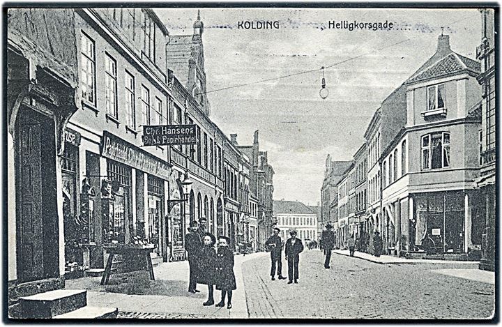 Kolding, Helligkorsgade med Chr. Hansen’s Papirhandel. J. Mortensens Eftgr. u/no. Kvalitet 7