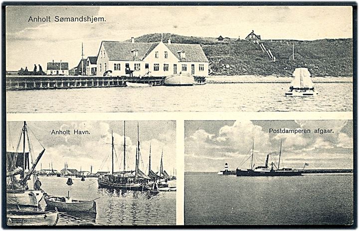 Anholt, partier med Sømandshjem, havnen og DFDS postdamper S/S “Brage”. J.J.N. no. 8384. Kvalitet 9