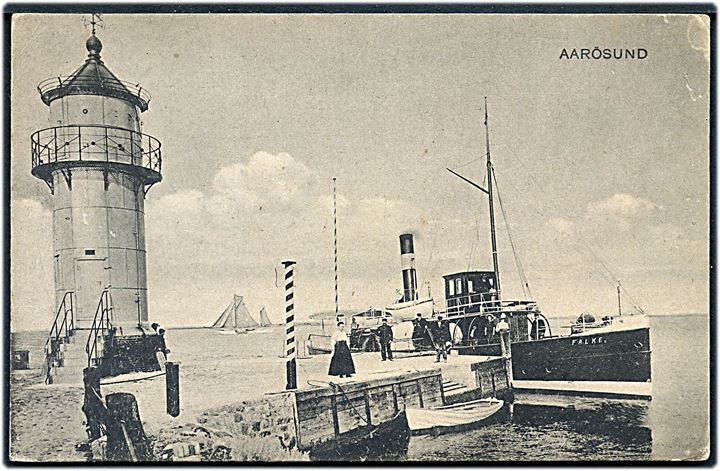 Aarøsund, havnefyr og dampskibet “Falke”. W. Schützsack no. 2118. Kvalitet 7