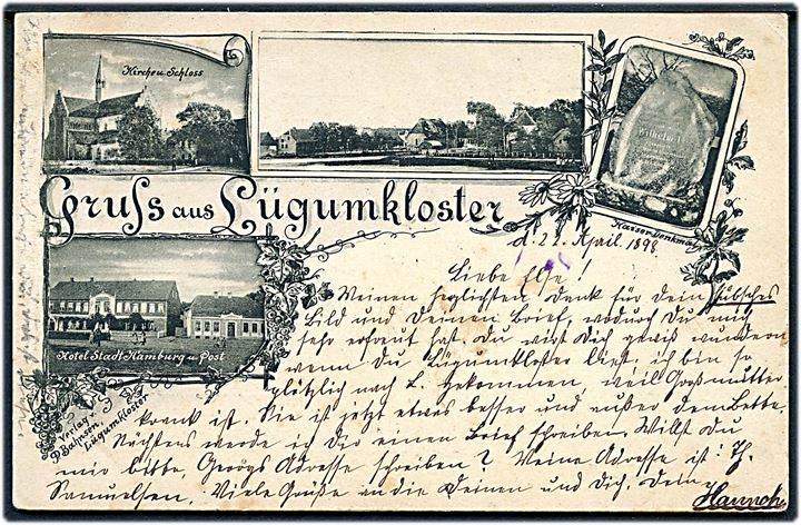 Løgumkloster, “Gruss aus” med bl.a. kirke, posthus og Hotel Stadt Hamburg. P. Bahnsen u/no. Kvalitet 7