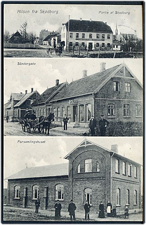 Skodborg, “Hilsen fra” m. partier. A. Juul u/no. Tysk bureaustemp Sommerstedt - Schottburg Zug 59.