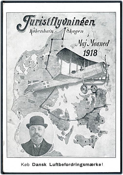 Turistflyvningen København - Skagen 1918. Reklame med tiltryk på bagsiden fra J. Erlind. U/no. Kvalitet 8