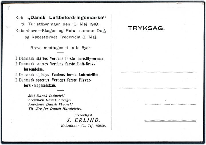 Turistflyvningen København - Skagen 1918. Reklame med tiltryk på bagsiden fra J. Erlind. U/no. Kvalitet 8