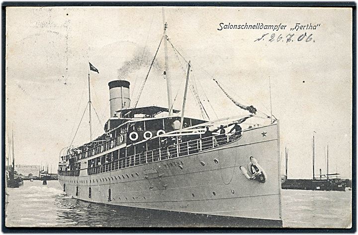 Tyskland. “Hertha”, Salonschnelldampfer. A. Schuster u/no. Stemplet “Auf hoher See d. 26.7.1906”. Kvalitet 8