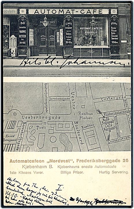 Købh., Frederiksberggade 25, Automat-Cafe “Nordvest”. Reklamekort u/no. Kvalitet 8