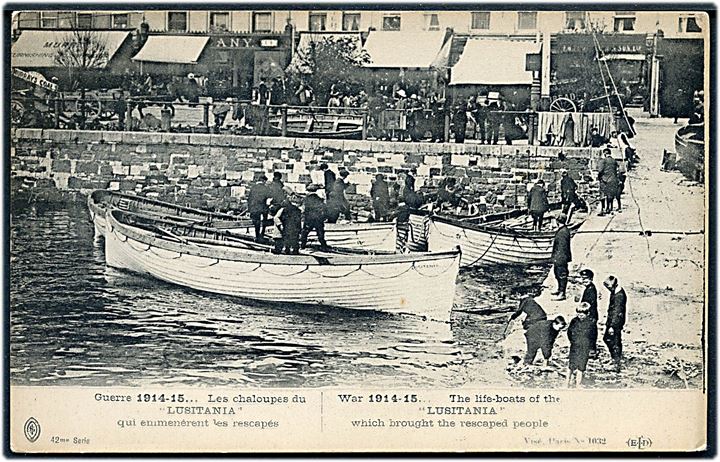 England. “Lusitania”, S/S, redningsbåde i Queenstown efter skibets sænkning af U20 d. 7.5.1915.  Kvalitet 8