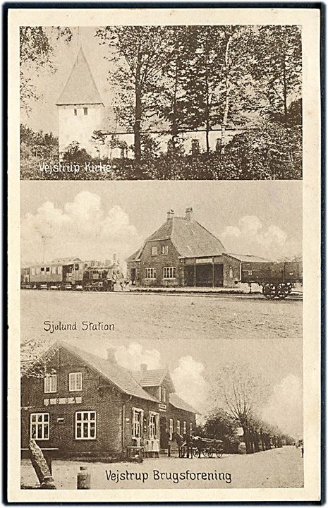 Sjølund, jernbanestation med tog, samt kirke og brugsforening i Vejstrup. I.A.F. no. 3022. Kvalitet 8