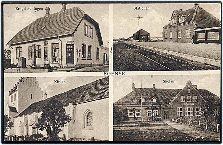 Egense, partier med jernbanestation, skole, kirke og brugsforening. H. Schmidt u/no. Kvalitet 9