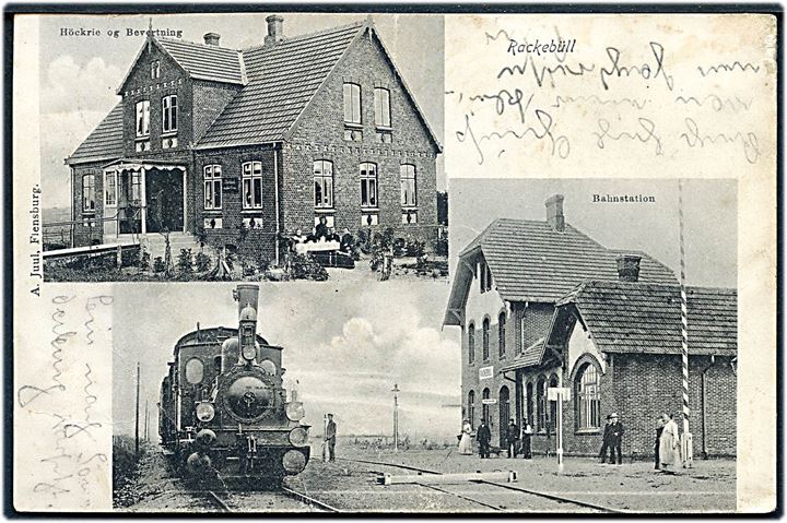 Ragebøl (Rackebüll), jernbanestation med holdende damptog. A. Jull u/no. Knæk. Kvalitet 6