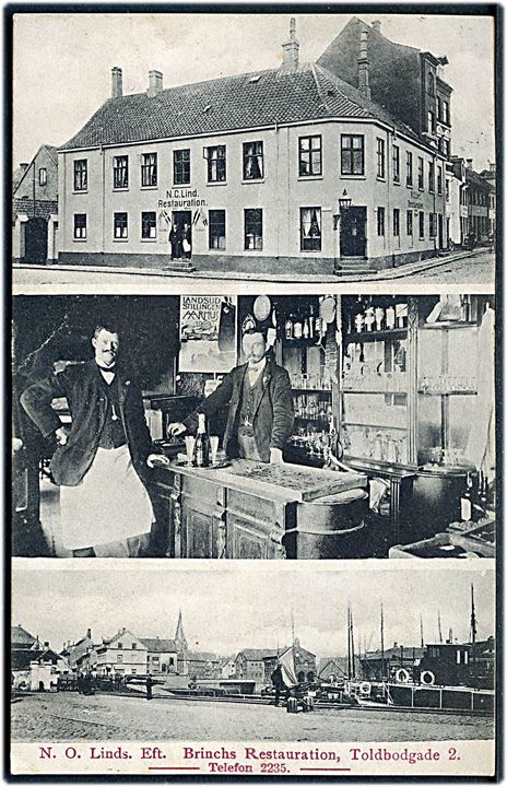 Aarhus, Toldbodgade 2, N. C. Lind’s Restauration med interiør og havneparti. J.J.N. no. 3760. Kvalitet 7