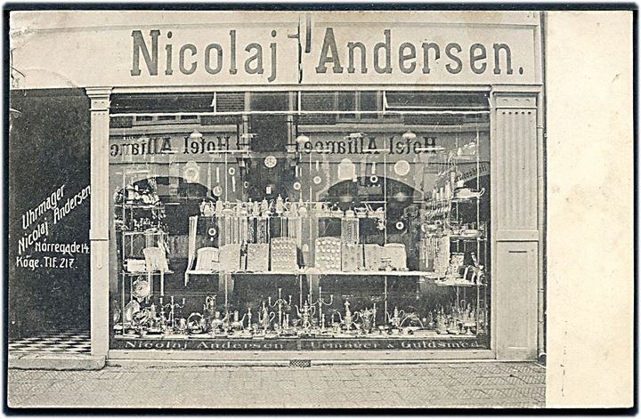 Køge, Nørregade 14, Uhrmager Nicolaj Andersen. Dansk Papirvarefabrik no. 127093. Kvalitet 7