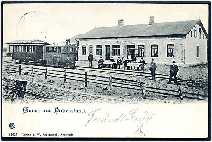 Hovslund (Haberslund), “Gruss aus” med jernbanestation og damptog. W. Schützsack no. 12627. Kvalitet 8