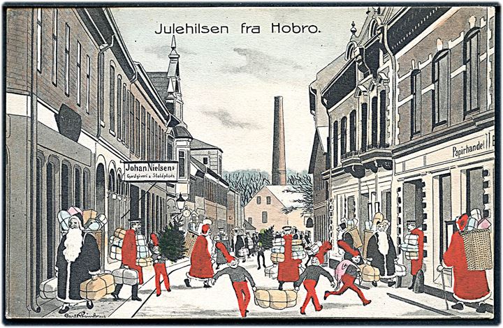 Hobro, “Nisser i Gadebilledet”. Tegnet af Carl Røgind. J. Hansen no. 7730. Kvalitet 9