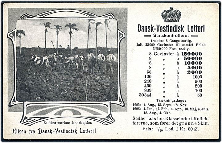 D.V.I., Dansk-Vestindisk Lotteri med prospekt fra sukkermark. Reklamekort u/no. Kvalitet 8