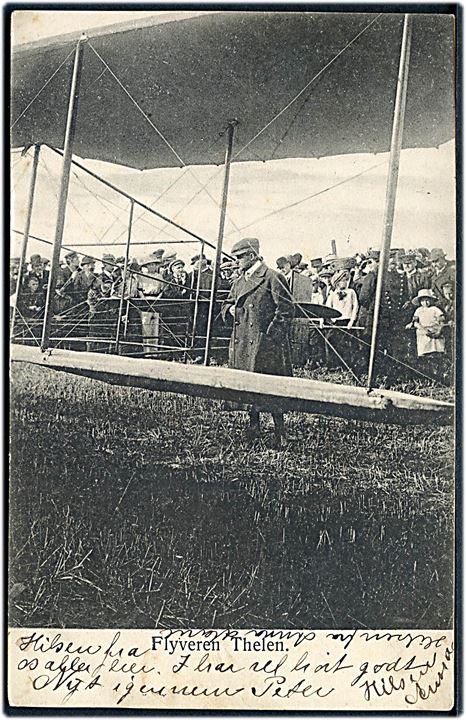 Robert Thelen i sin Wright-maskine under flyvning på Sjælland i sept. 1911. Johs. Brorsen no. 40. Kvalitet 8