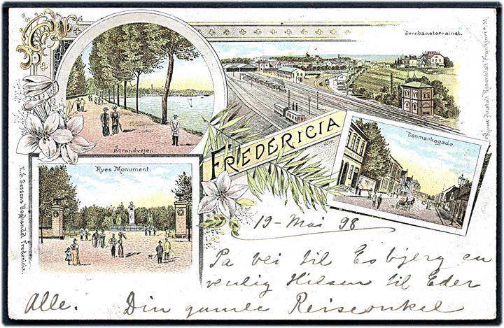 Fredericia, partier med jernbaneterræn, Strandvejen, Danmarksgade og Monument. E. S. Jessen u/no. 