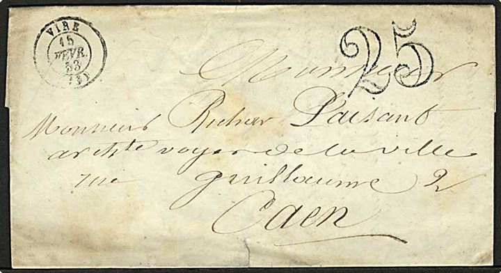 1853. Ufrankeret brev fra Vire d. 15.2.1853 med stempel 25 til Caen.