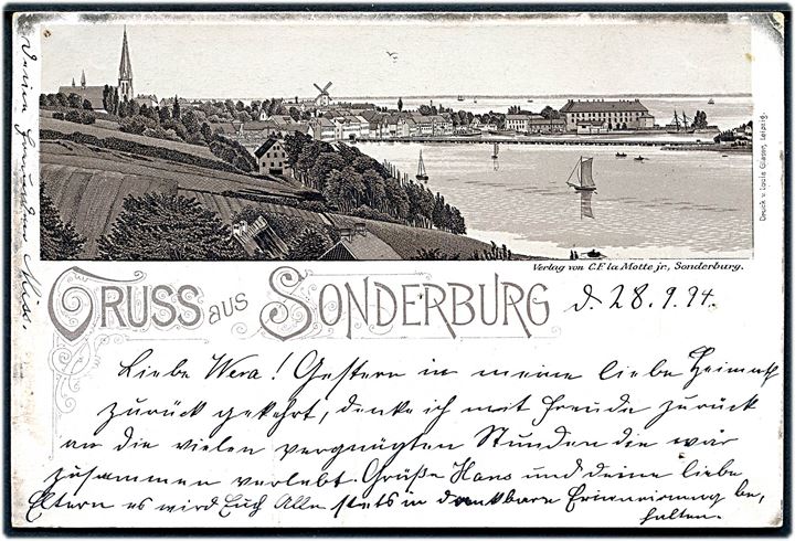 Sønderborg, “Gruss aus”. C. F. la Motte Jr. u/no. Svagt knæk og nålehuller. Kvalitet 6