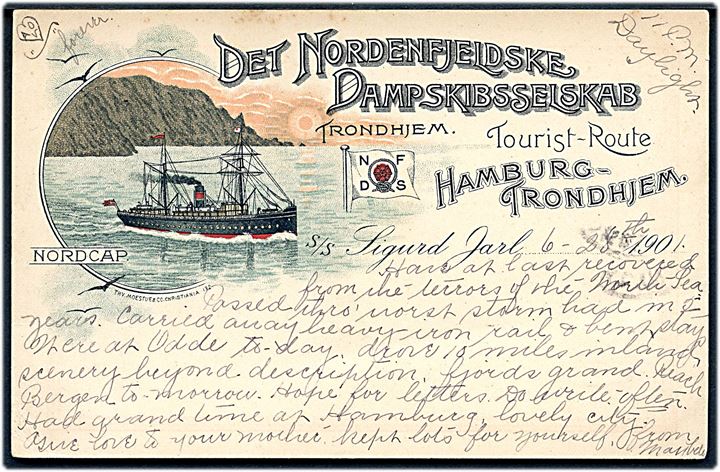 Norge. “Sigurd Jarl”, S/S, Det Nordenfjeldske D/S rute Hamburg-Trondhjem. Thv. Moestue & Co. no. 132. Kvalitet 8