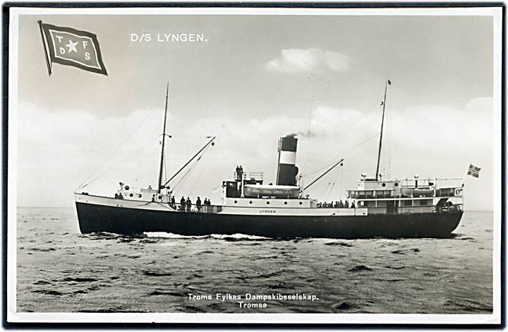 Norge. “Lyngen”, S/S, Troms Fylkes D/S. Frankeret med 15 øre Turist udg. stemplet Senja - Tromsø G 1938. Kvalitet 8