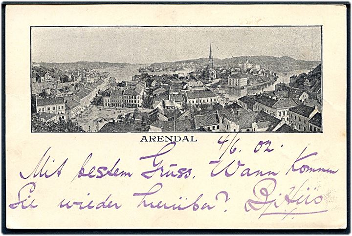 Norge. Arendal, udsigt. Reklamekort for P. M. Danielsen’s Boghandel u/no. Anvendt til Tyskland 1902. Kvalitet 8