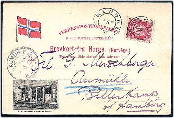 Norge. Arendal, udsigt. Reklamekort for P. M. Danielsen’s Boghandel u/no. Anvendt til Tyskland 1902. Kvalitet 8