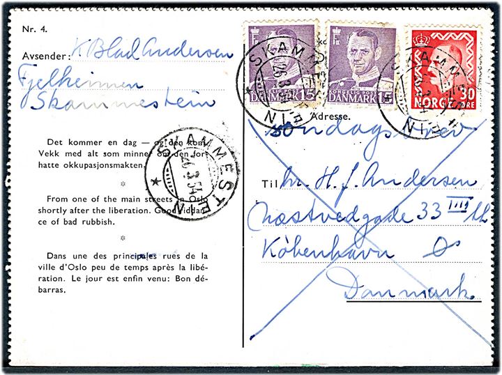 Norge. Oslo, “Der kommer en dag”. Tysk rigsørn fjernes efter krigen. Illustreret korrespondancekort sendt til Danmark. Kvalitet 7