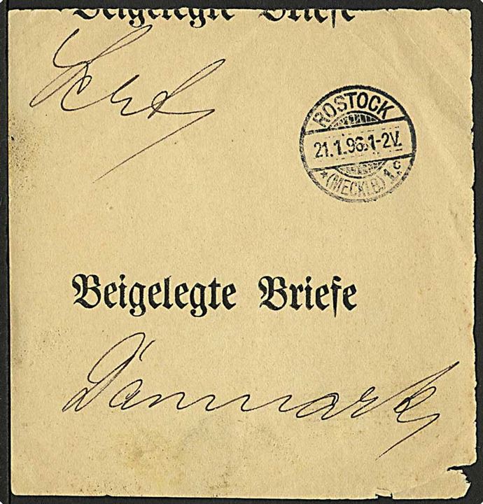 Brevbundt seddel fra Rostock d. 21.1.1896 til Danmark.