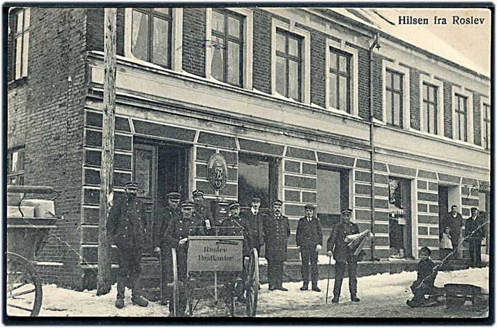 Roslev, postkontor med postbude i sne. E. C. Nederby no. 15. Hj. knæk. Kvalitet 6
