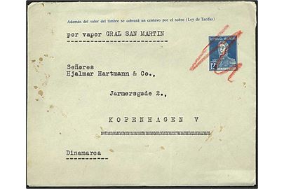 12 c. helsagskuvert fra Buernos Aires ca. 1930 til København, Danmark. Påskrevet: por vapor Gral San Martin.