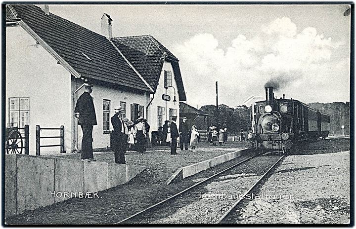 Hornbæk, jernbanestation med damptog. Stenders no. 6310. Kvalitet 8