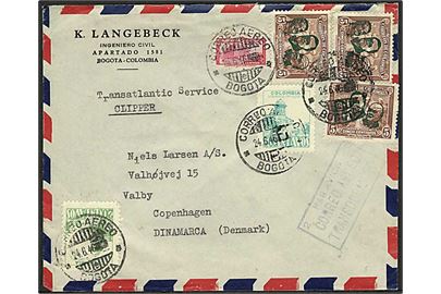 85 c. blandingsfrankeret luftpostbrev fra Bogota d. 24.6.1946 til København, Danmark.