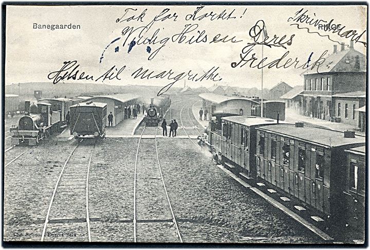 Ringe, jernbanestation med holdende damptog. Chr. Schou no. 2474. Med 4x Julemærke 1905. Kvalitet 8
